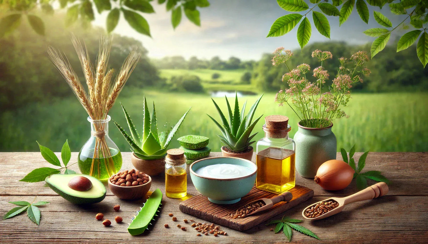 Natural skincare ingredients on wooden table with avocado, aloe vera, oils, nuts, and cream outdoors