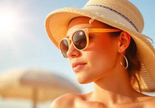 Woman wearing straw hat and orange sunglasses enjoying sunny beach day with relaxed expression