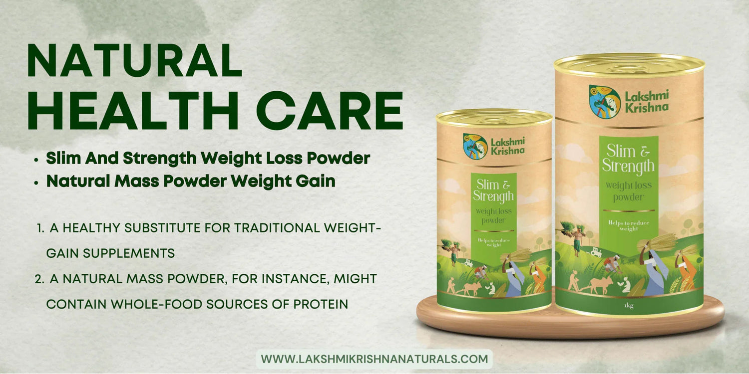 Natural health care weight loss and mass gain powders by Lakshmi Krishna on wooden platform