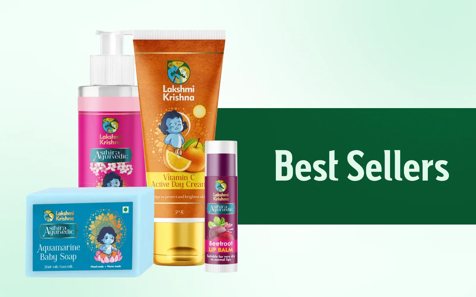 Lakshmi Krishna Ayurvedic best sellers including Aquamarine Baby Soap, Vitamin C Active Day Cream, Beetroot Lip Balm