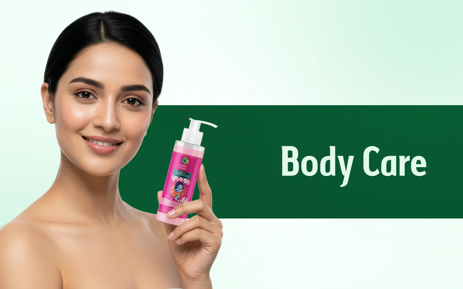Smiling woman holding pink body care lotion bottle with pump against green background