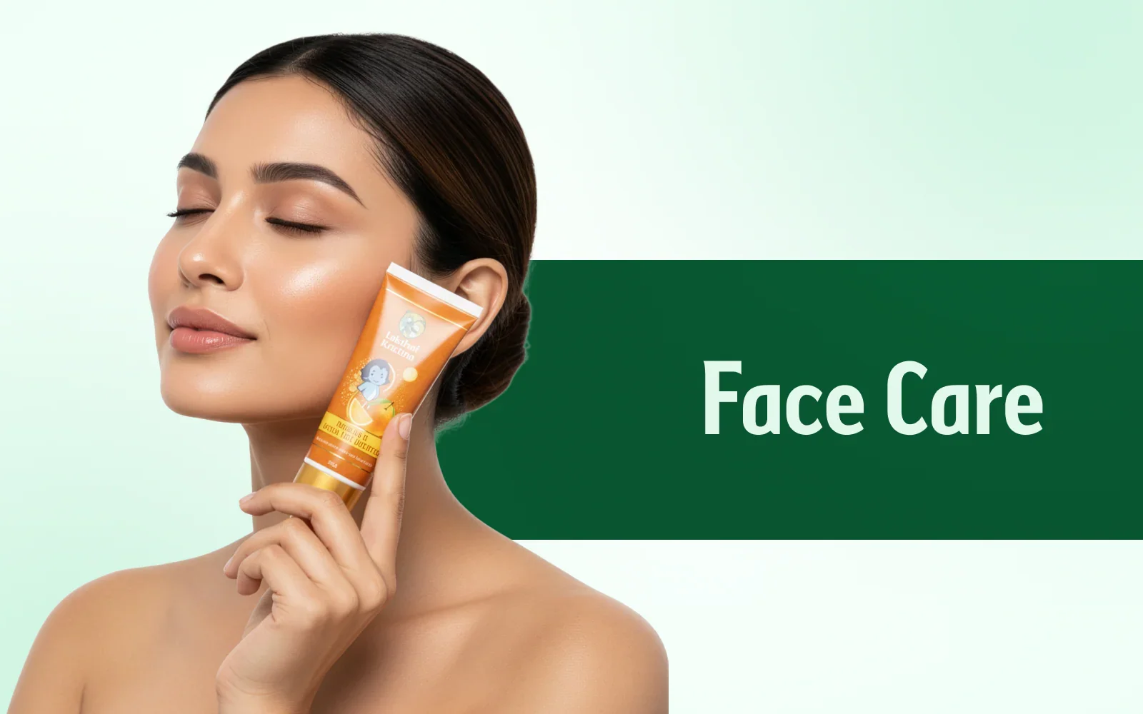 Woman with glowing skin holding Lakshmi Katrina orange face care cream near her cheek