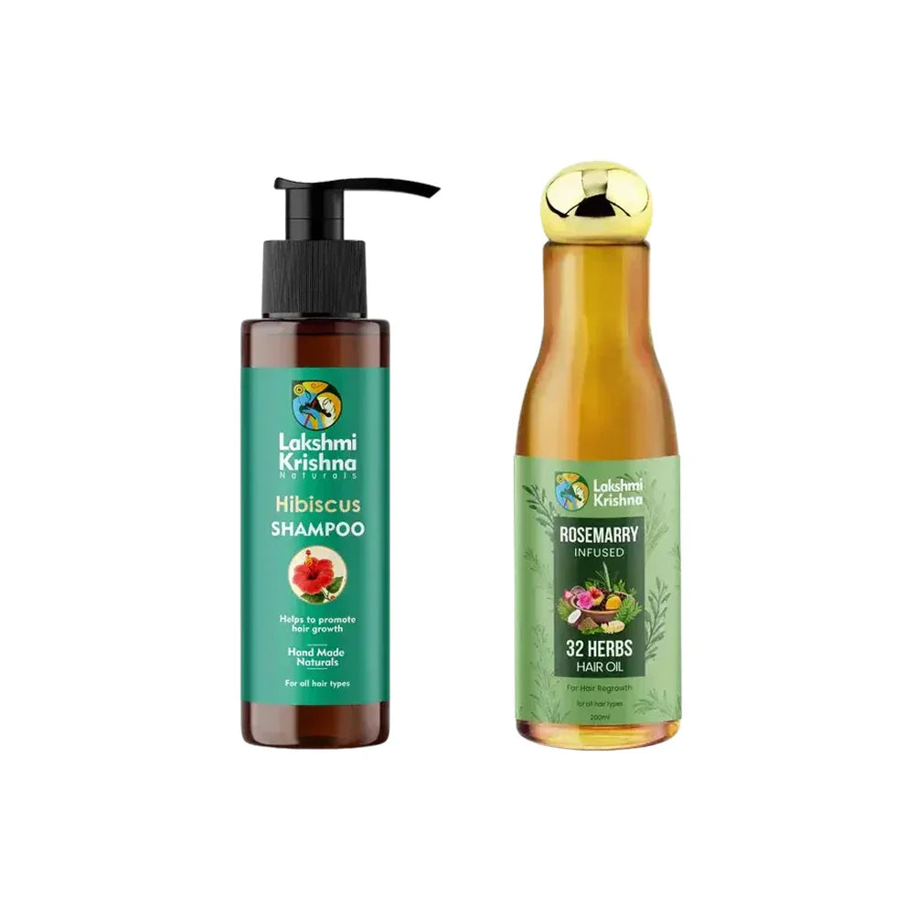 Lakshmi Krishna Naturals Hibiscus Shampoo and Rosemary Infused 32 Herbs Hair Oil bottles