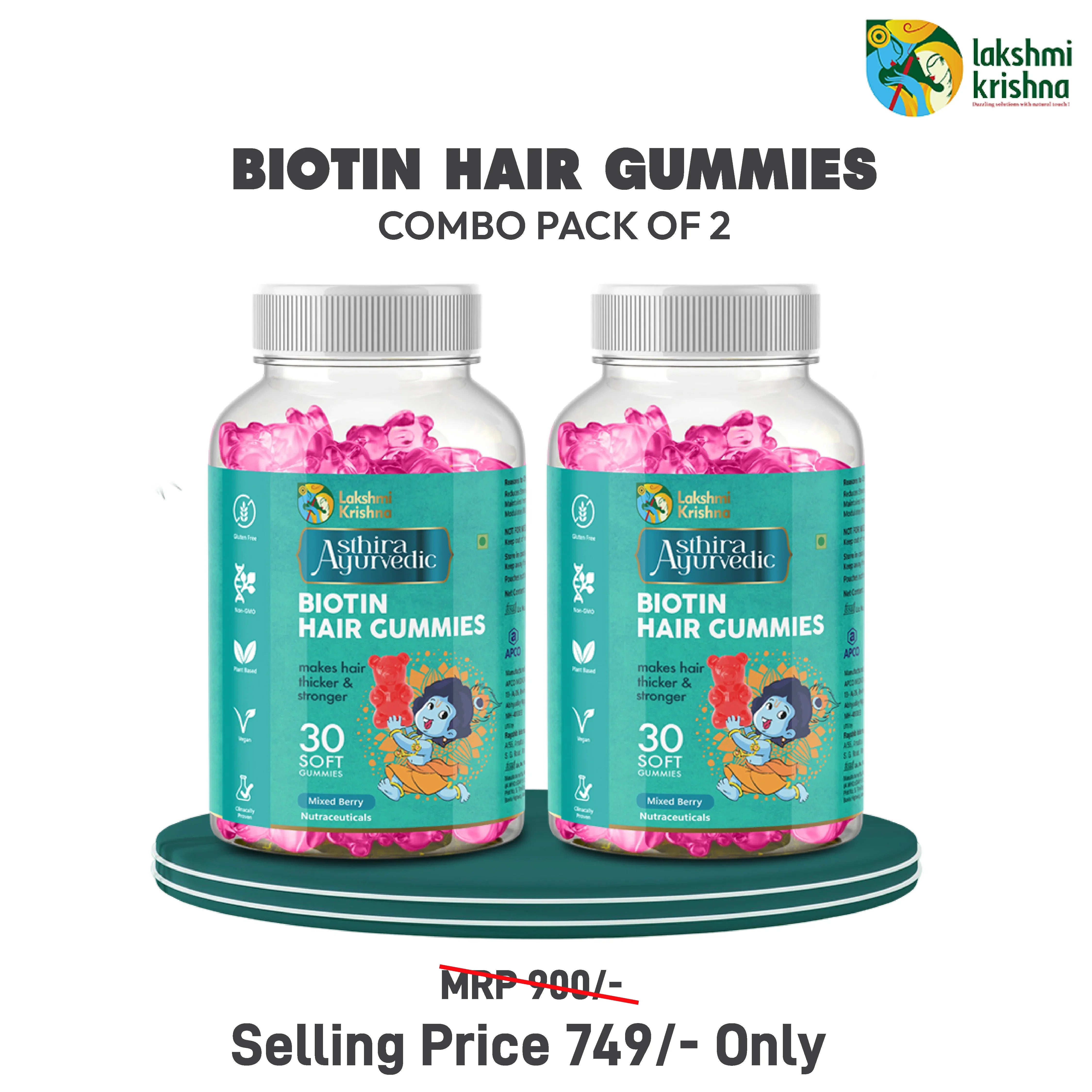 Pack of 2 Biotin Hair Gummies bottles by Asthira Ayurvedic, mixed berry flavor, 30 soft gummies each
