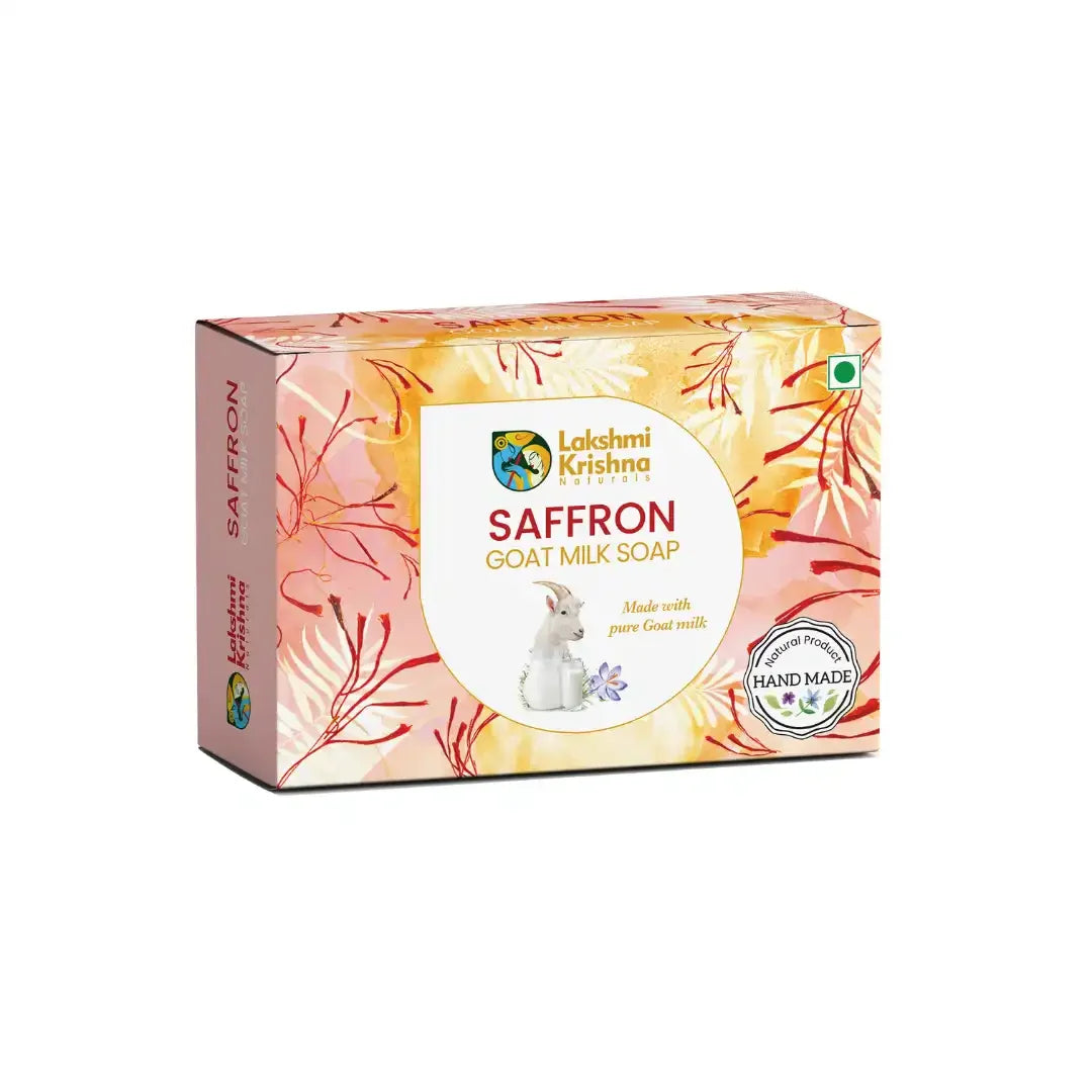 Lakshmi Krishna Naturals saffron goat milk soap box with floral design and handmade label