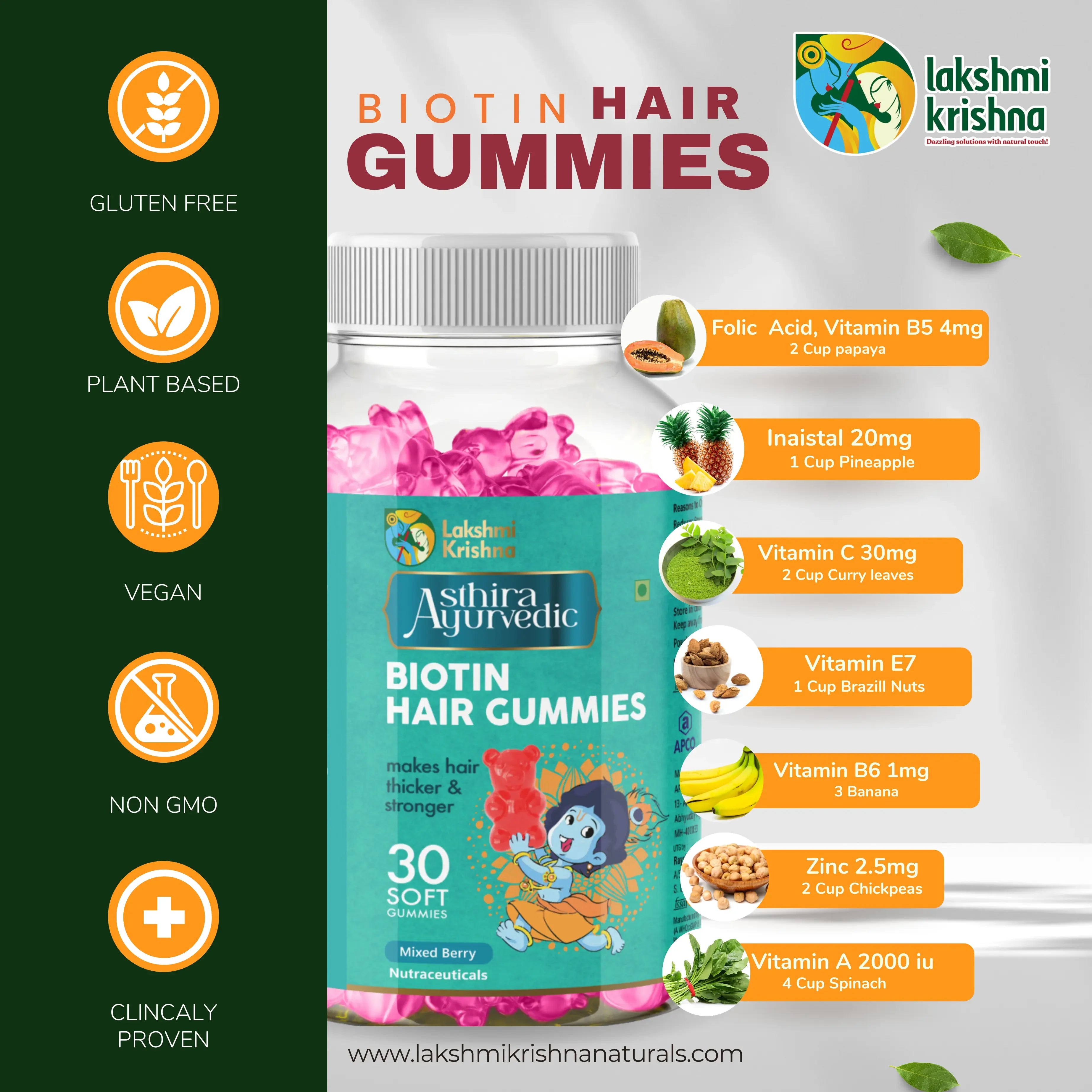 Lakshmi Krishna Ayurvedic Biotin Hair Gummies bottle with pink gummies, vitamins, and natural ingredients list